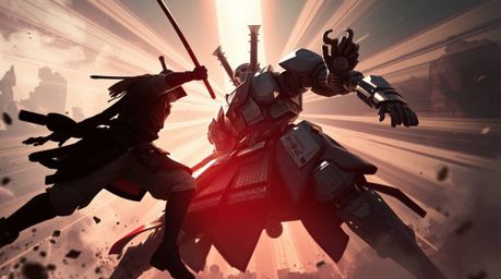 A captivating digital illustration depicts a dramatic low-angle battle between a samurai and a robot in a dystopian setting. 