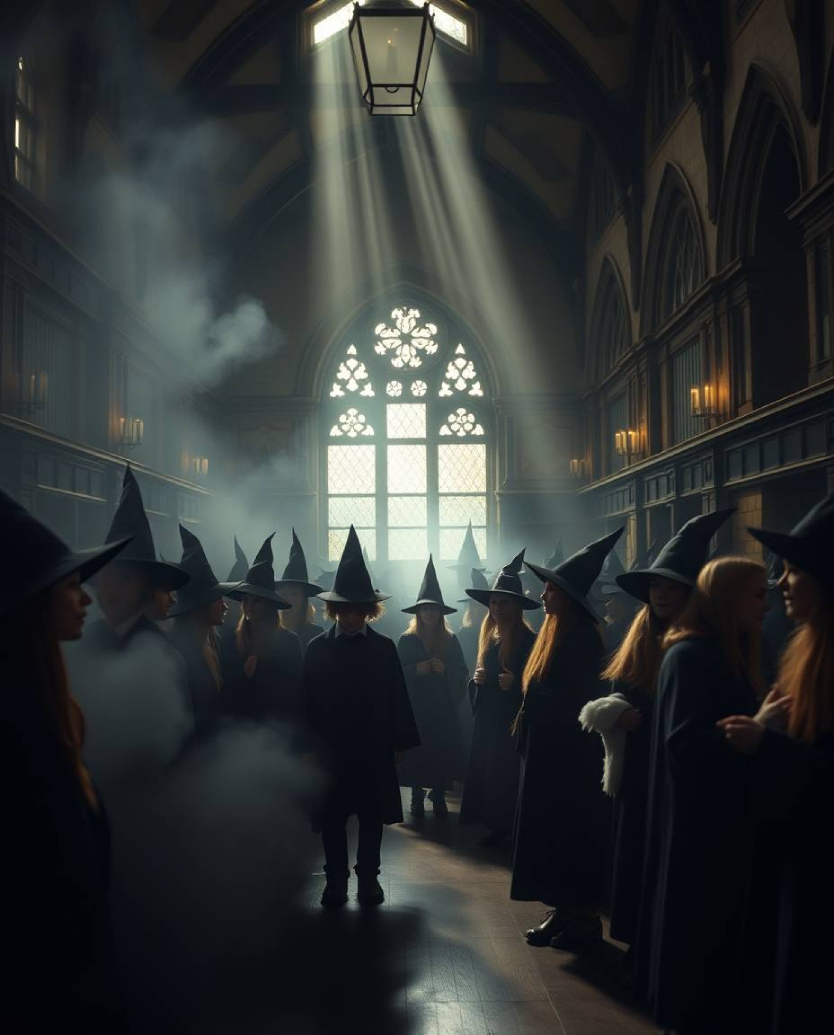 A captivating fine art photograph showcases a magical school teeming with young wizards, rendered with stunning volumetric li