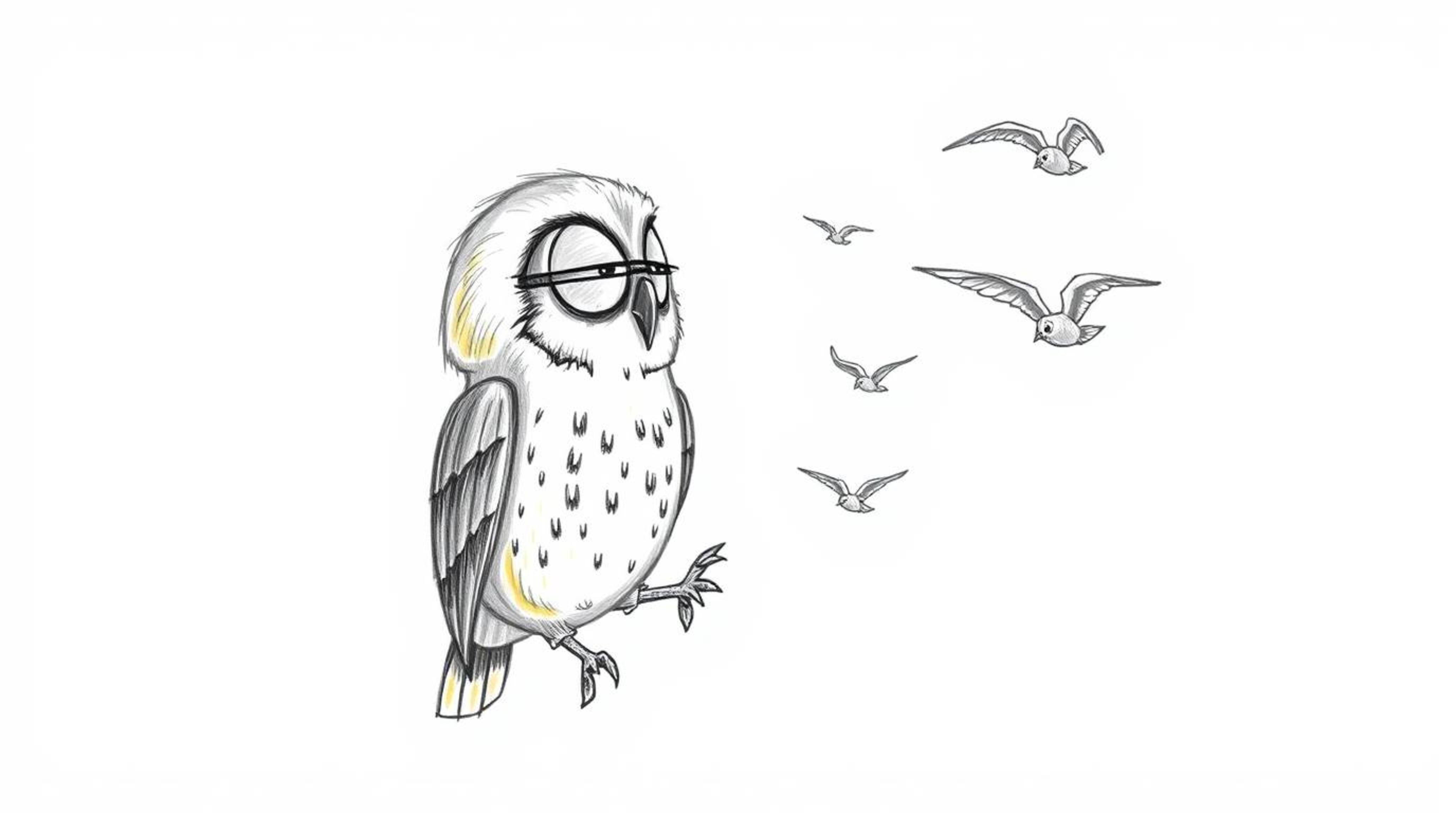 A heartwarming, hand-drawn sketch in the style of Pixar portrays a blind owl with detailed pencil textures and charmingly rou