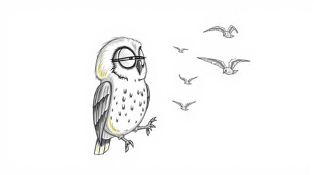 A heartwarming, hand-drawn sketch in the style of Pixar portrays a blind owl with detailed pencil textures and charmingly rou