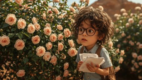 In a vibrant, whimsical, and warmly lit cinematic photo, a bright-eyed, bespectacled homeschooled genius with unruly curly br