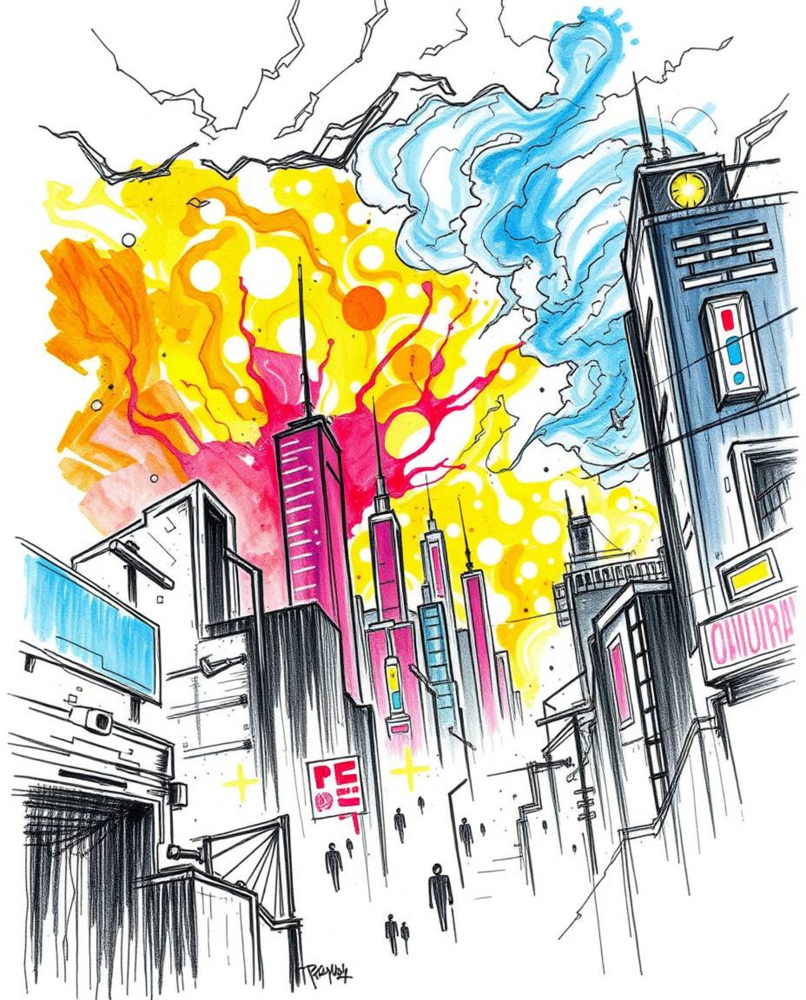 A captivating hand-drawn sketch depicts a futuristic cyberpunk cityscape engulfed in intense, dramatic weather.  Vibrant neon