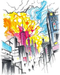 A captivating hand-drawn sketch depicts a futuristic cyberpunk cityscape engulfed in intense, dramatic weather.  Vibrant neon