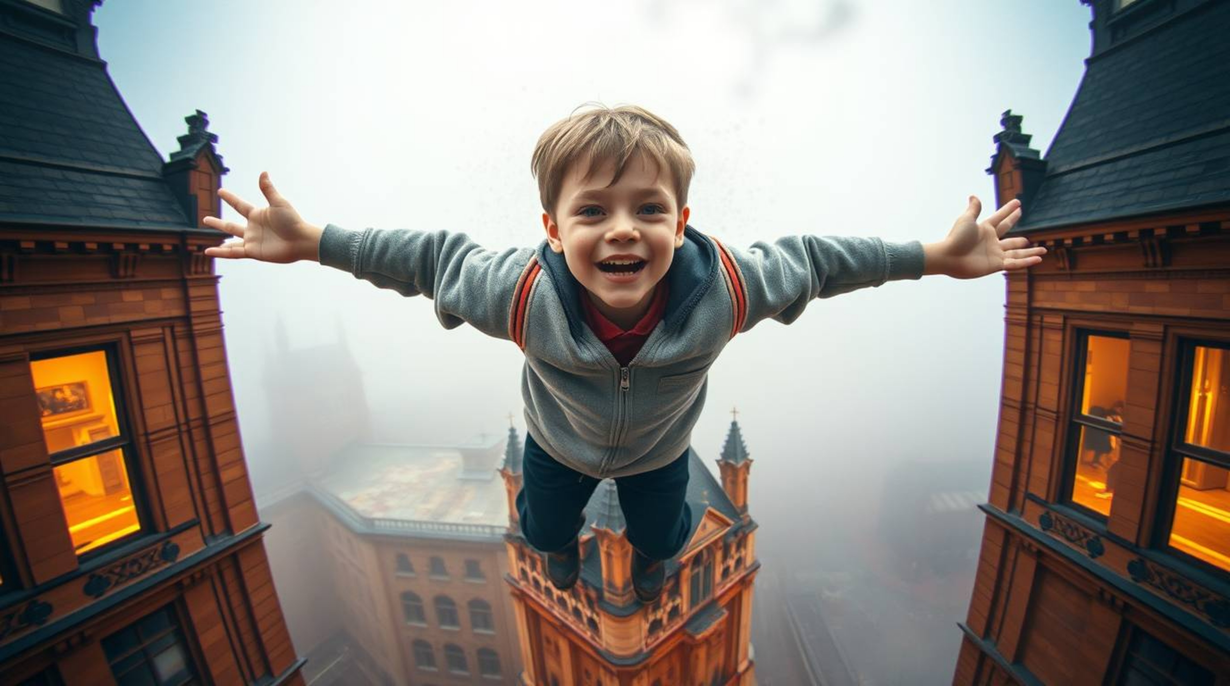 A stunning wide-angle, precise architectural color photograph depicts a young boy with light skin soaring above a foggy Londo