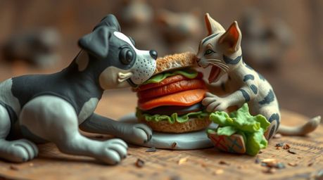 A captivating close-up showcases a detailed clay sculpture depicting a humorous scene: a dog and a cat engaged in a fierce ba