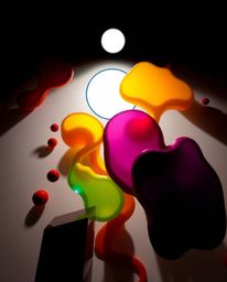 This abstract composition showcases a top-down view of vibrant, colorful 3D fluid shapes playfully interacting with structure