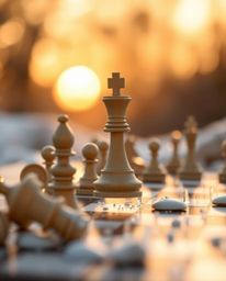 Capture the enchanting beauty of a surreal chess scene bathed in warm golden hour light.  Adorable chess pieces are suspended