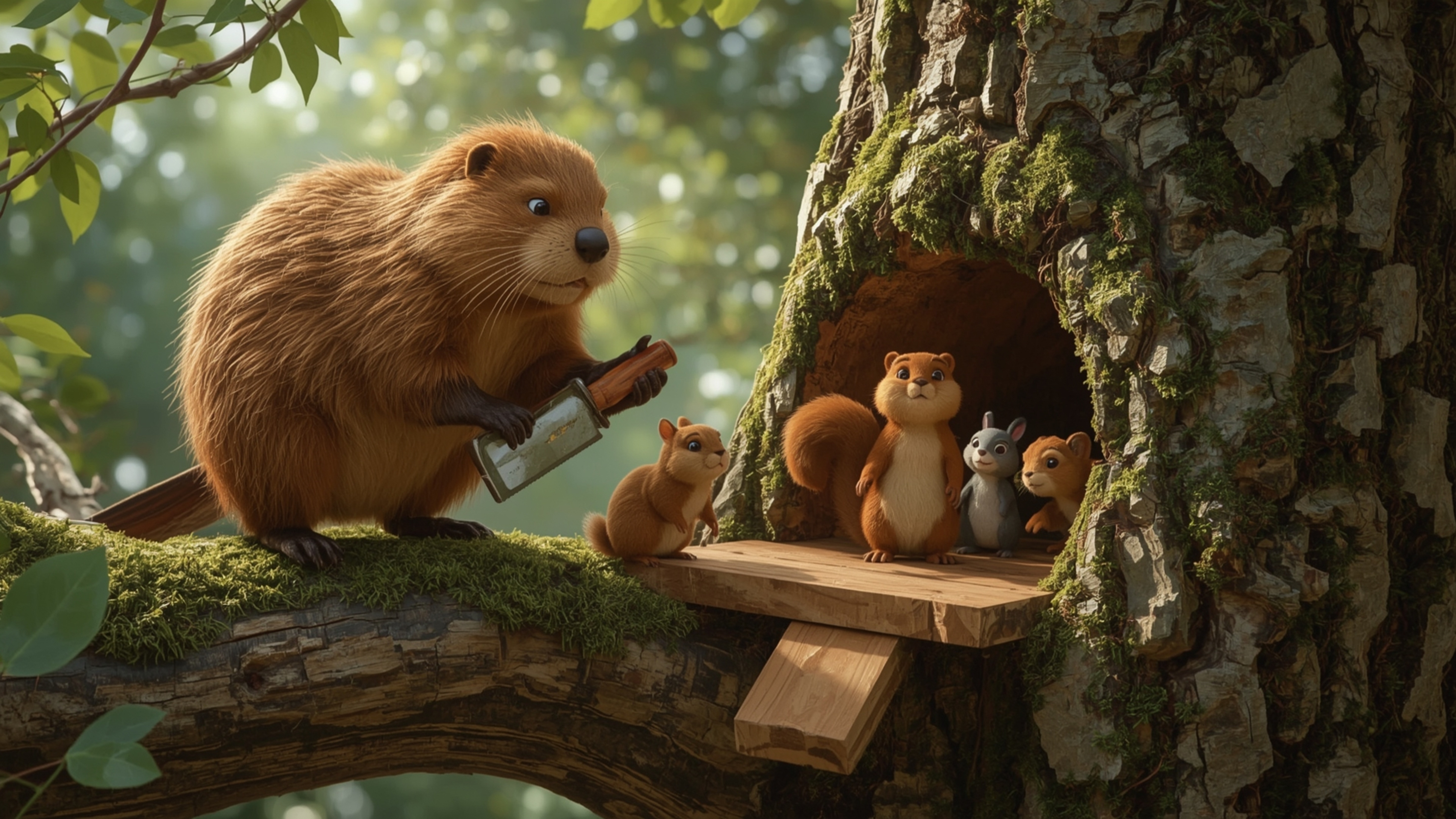 A high-resolution, professionally captured stock photo of a busy beaver, depicted in a vibrant, stylized Pixar-inspired manne