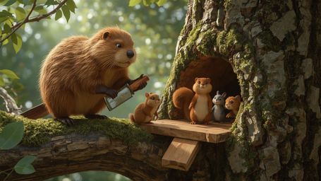A high-resolution, professionally captured stock photo of a busy beaver, depicted in a vibrant, stylized Pixar-inspired manne