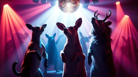 Experience an elegant and sophisticated animal dance party, illuminated by artistic disco lights and abstract patterns.  The 
