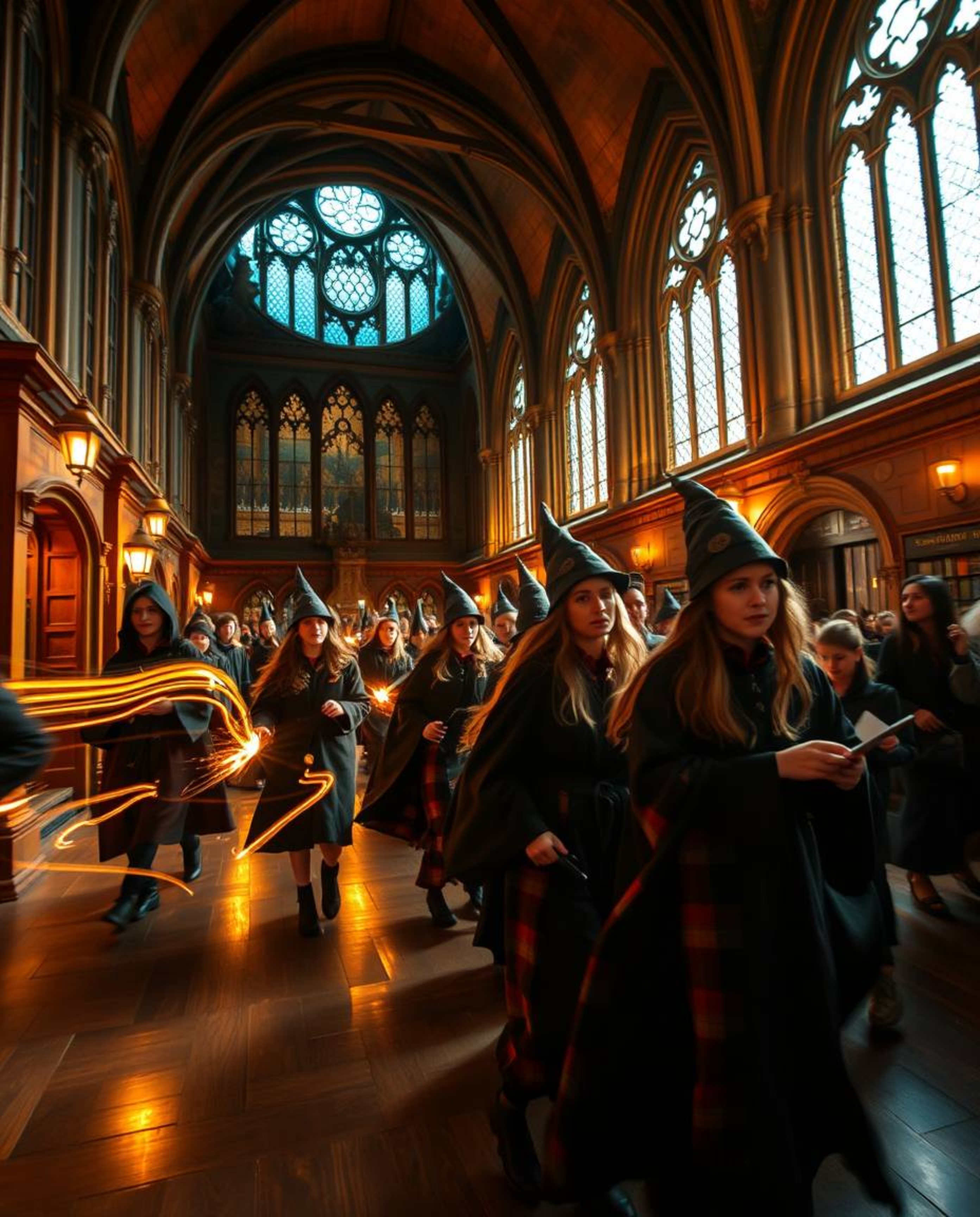 Capture the enchanting world of a magical school in a stunning long exposure photograph. Witness young wizards bathed in a wa