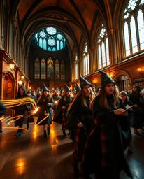 Capture the enchanting world of a magical school in a stunning long exposure photograph. Witness young wizards bathed in a wa