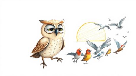 A heartwarming hand-drawn sketch in the style of Pixar depicts a blind owl with soft, expressive features and light brown plu