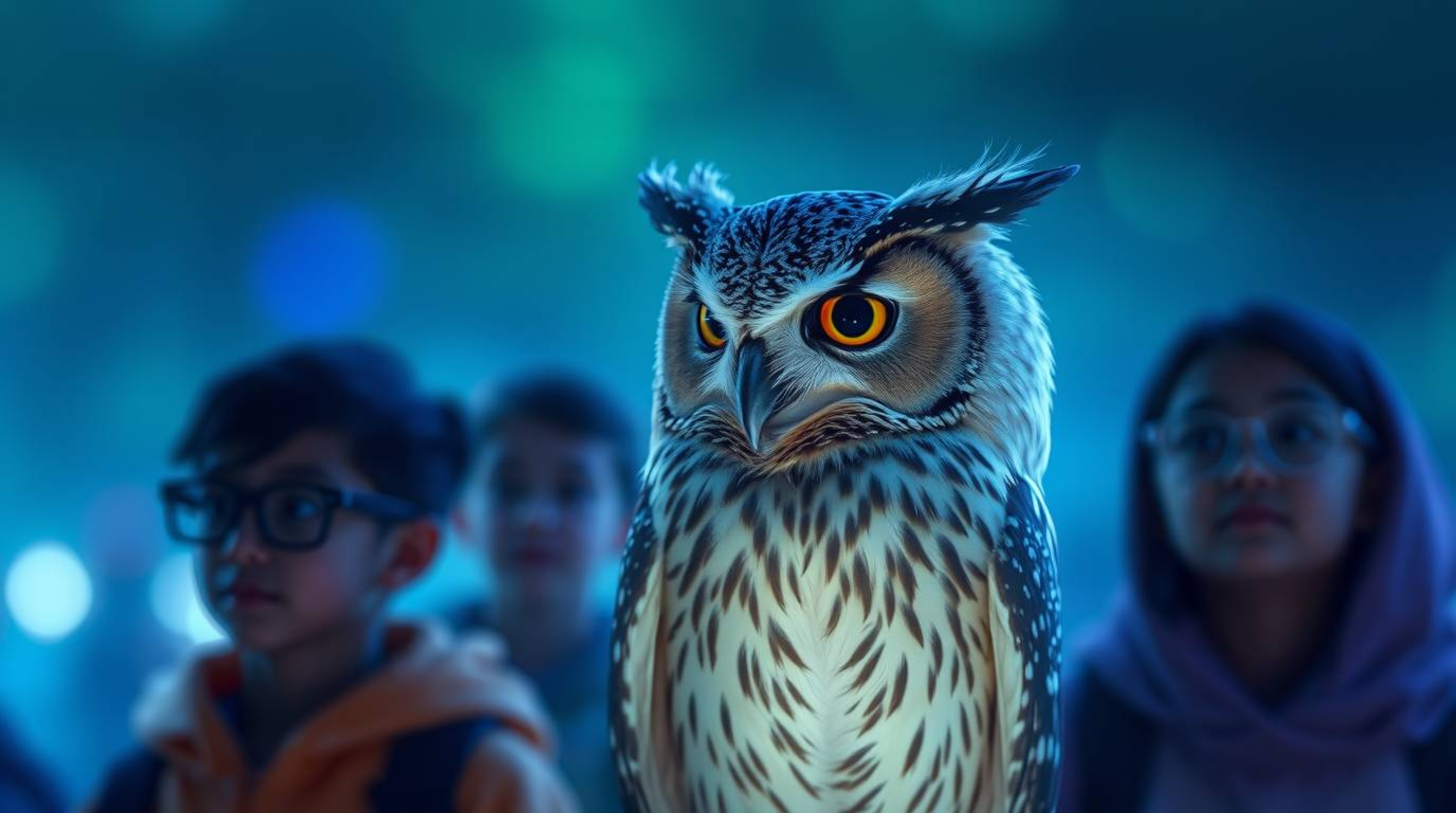 A cinematic long exposure photograph with an ethereal spiritual theme features a Pixar-style blind owl with a serene expressi