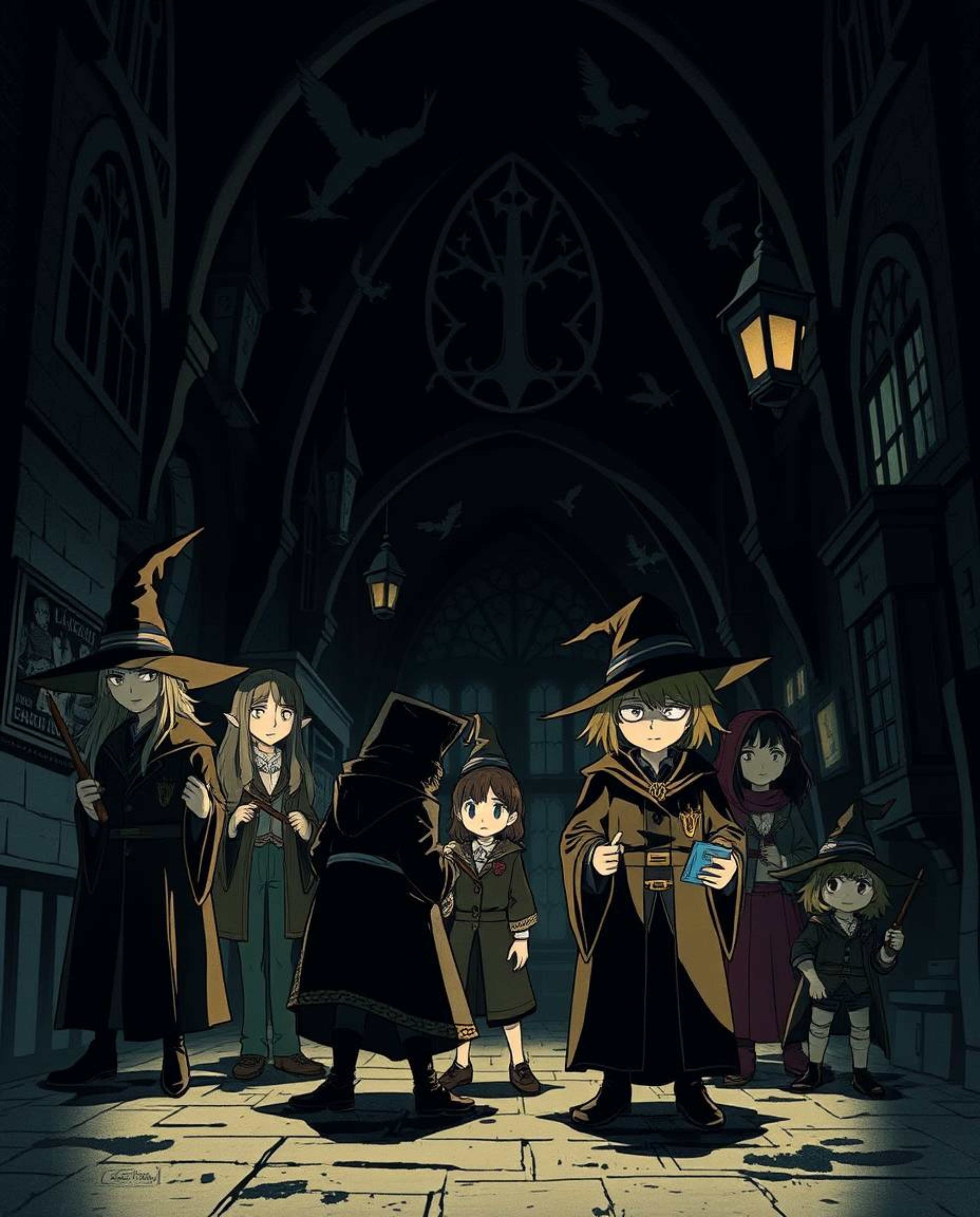 Explore a magical school brimming with young wizards, rendered in a moody style characterized by contrasting chiaroscuro ligh