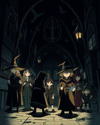 Explore a magical school brimming with young wizards, rendered in a moody style characterized by contrasting chiaroscuro ligh