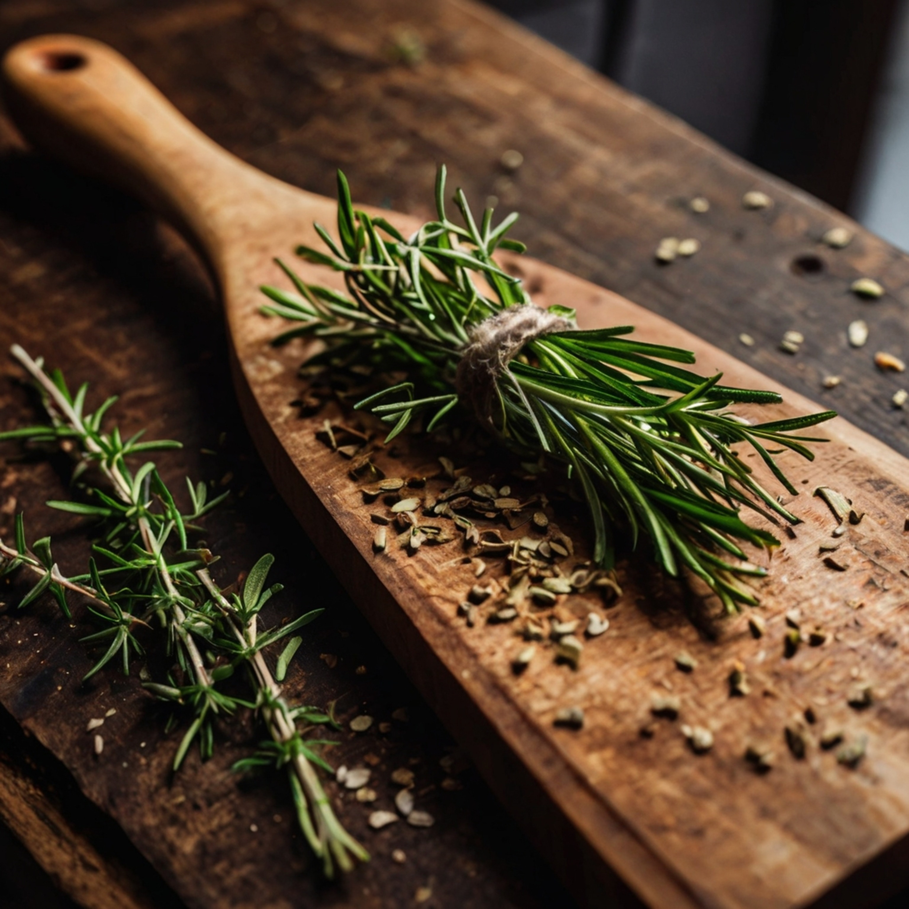 A hand-carved wooden spoon sits elegantly on a rustic chopping block, surrounded by scattered herbs. This image evokes a sens