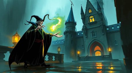 A dynamic digital painting depicts a classic Disney villain casting a spell within an ancient castle.  The artwork utilizes l