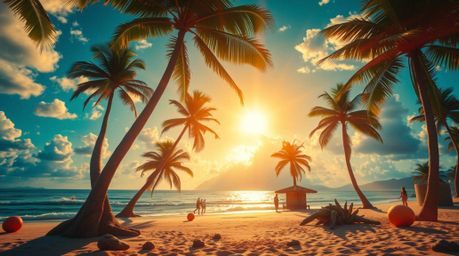 Experience a dreamlike and surreal tropical beach sunset, where palm trees sway gently amidst fantastical elements and bizarr