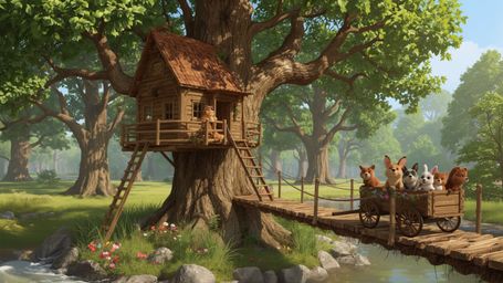 A high-resolution stock photo captures a busy beaver with warm, golden fur constructing the perfect treehouse in a lush, vibr
