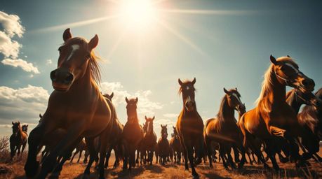 Experience the raw power and untamed beauty of nature in this captivating photograph. A low-angle perspective captures a herd