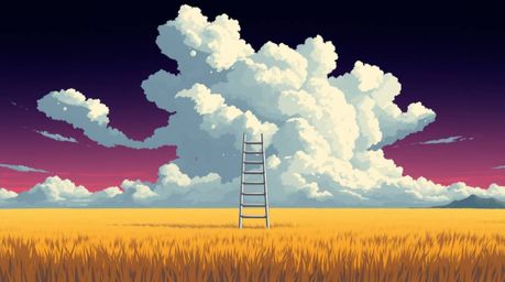 An Isekai anime-style depiction presents a minimalist scene featuring a silver ladder in an open field beneath a cloudy sky, 