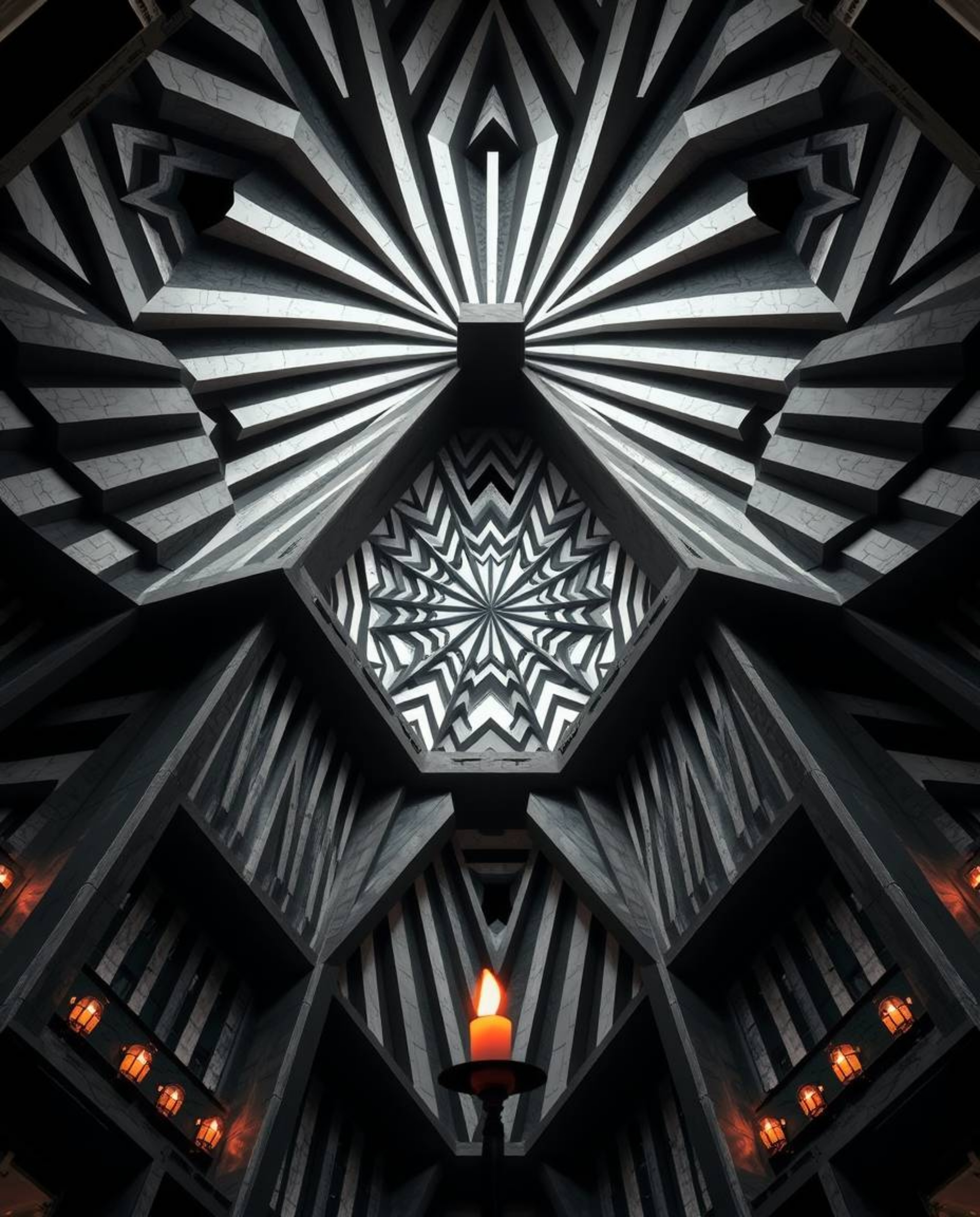 Explore captivating architectural color photography featuring a precise black and white geometric pattern, reminiscent of opt