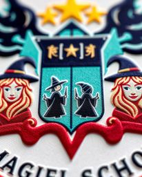 Explore an extreme macro close-up view of a magical school logo showcasing young wizards and intricate geometric shapes. This