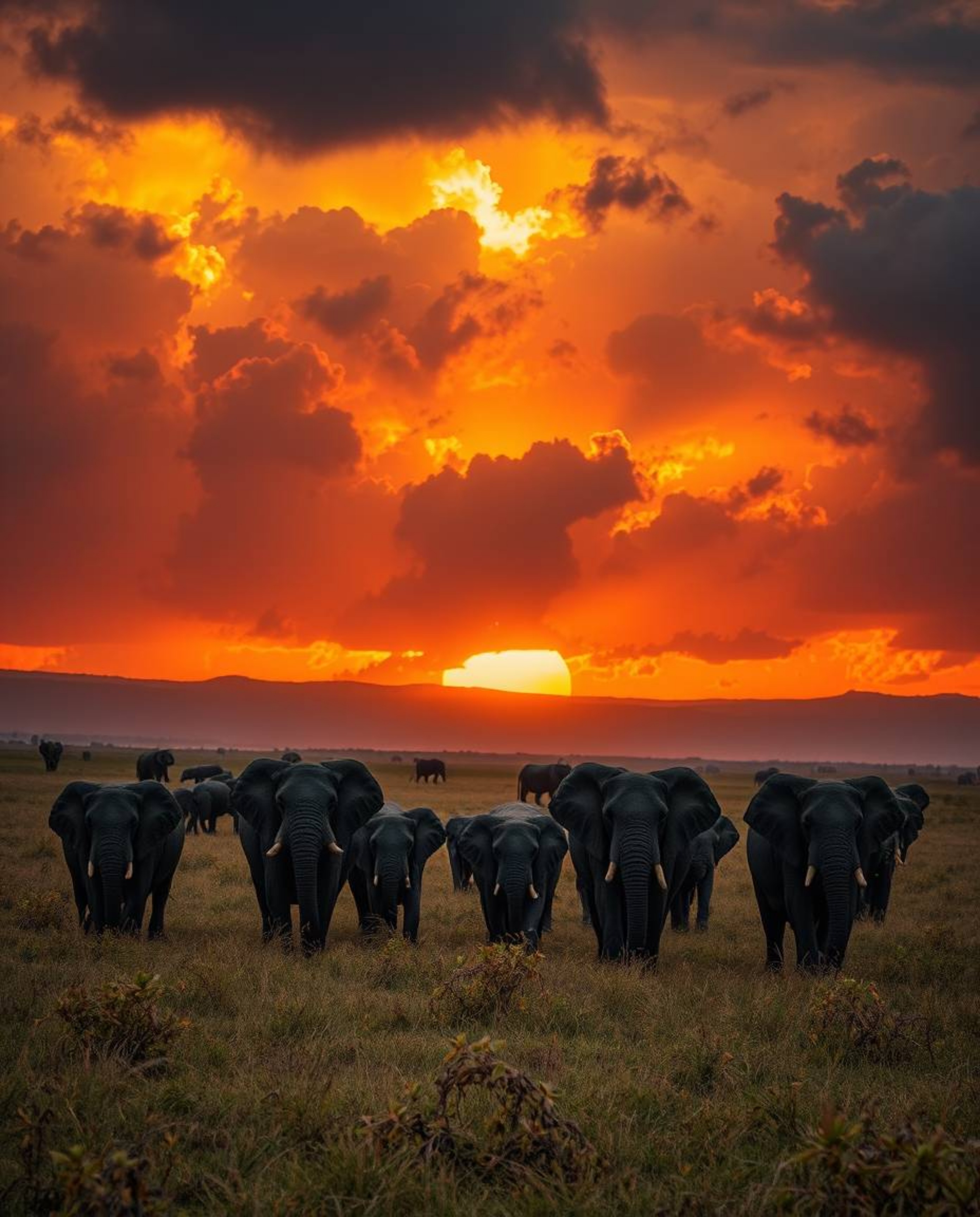 This is a dramatic sunset scene featuring a herd of elephants traversing a field. Rendered in warm autumnal hues, the image i