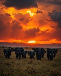 This is a dramatic sunset scene featuring a herd of elephants traversing a field. Rendered in warm autumnal hues, the image i