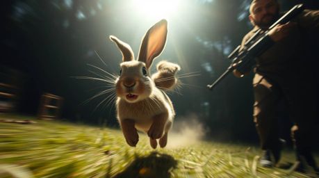 A hilarious and visually striking image of a wacky rabbit desperately outrunning a hunter, captured from a dramatic low angle