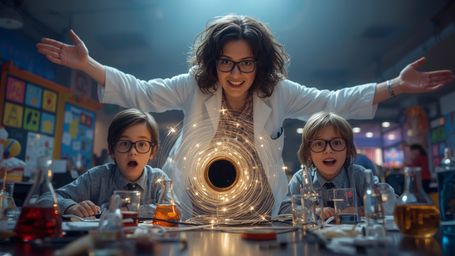 A breathtaking, cinematic photograph captures two ecstatic, 12-year-old science fair participants who have accidentally creat