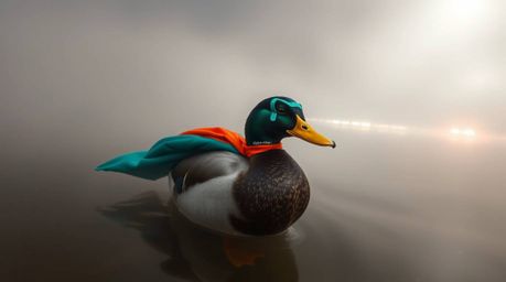 Capture the whimsical essence of a superhero duck in a zany costume amidst a thick fog using long-exposure photography. This 