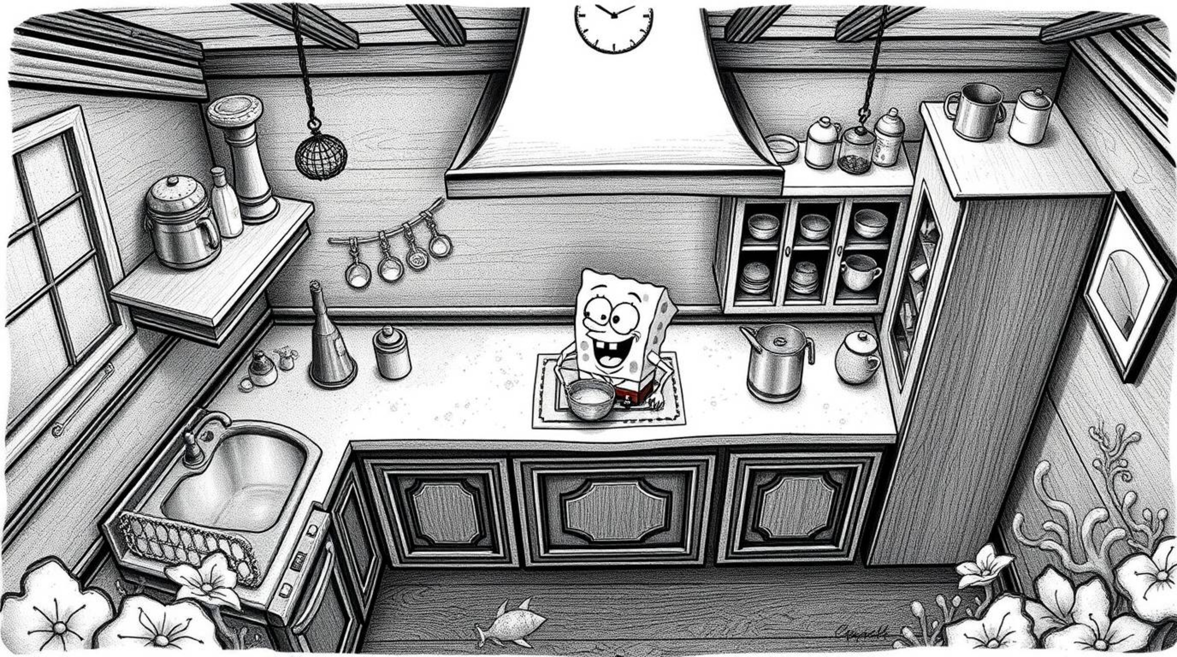 This classic black and white overhead illustration showcases a sponge character immersed in the joy of cooking within an eleg