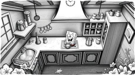 This classic black and white overhead illustration showcases a sponge character immersed in the joy of cooking within an eleg