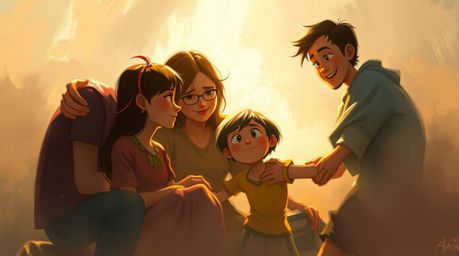 Experience a heartfelt family reunion reimagined in a dynamic, Pixar-style digital sketch. This artwork features loose, paint