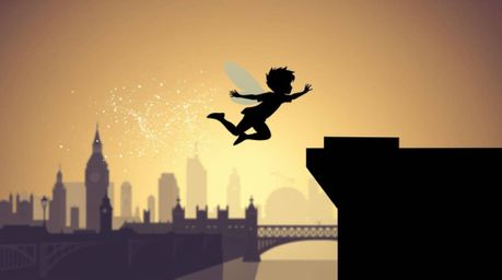 A modern flat design depicts a silhouetted young boy soaring above London with the aid of pixie dust, utilizing simple two-di