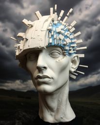 This captivating sculptural clay art piece portrays a digital glitch dynamically transforming a human face into a mesmerizing