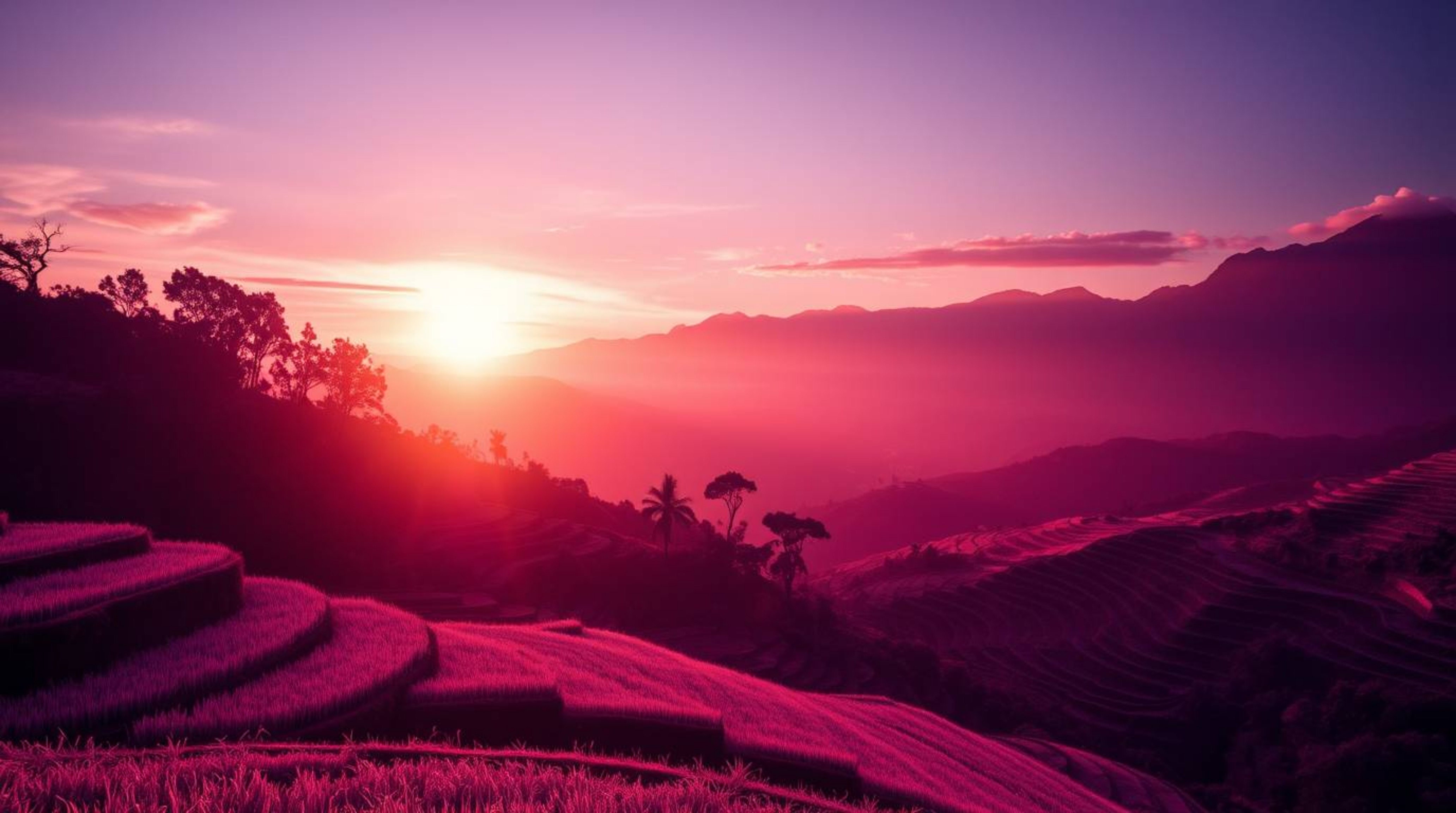 Experience a captivating surreal scene with an infrared image of a sunset over mountain rice terraces. The unique perspective
