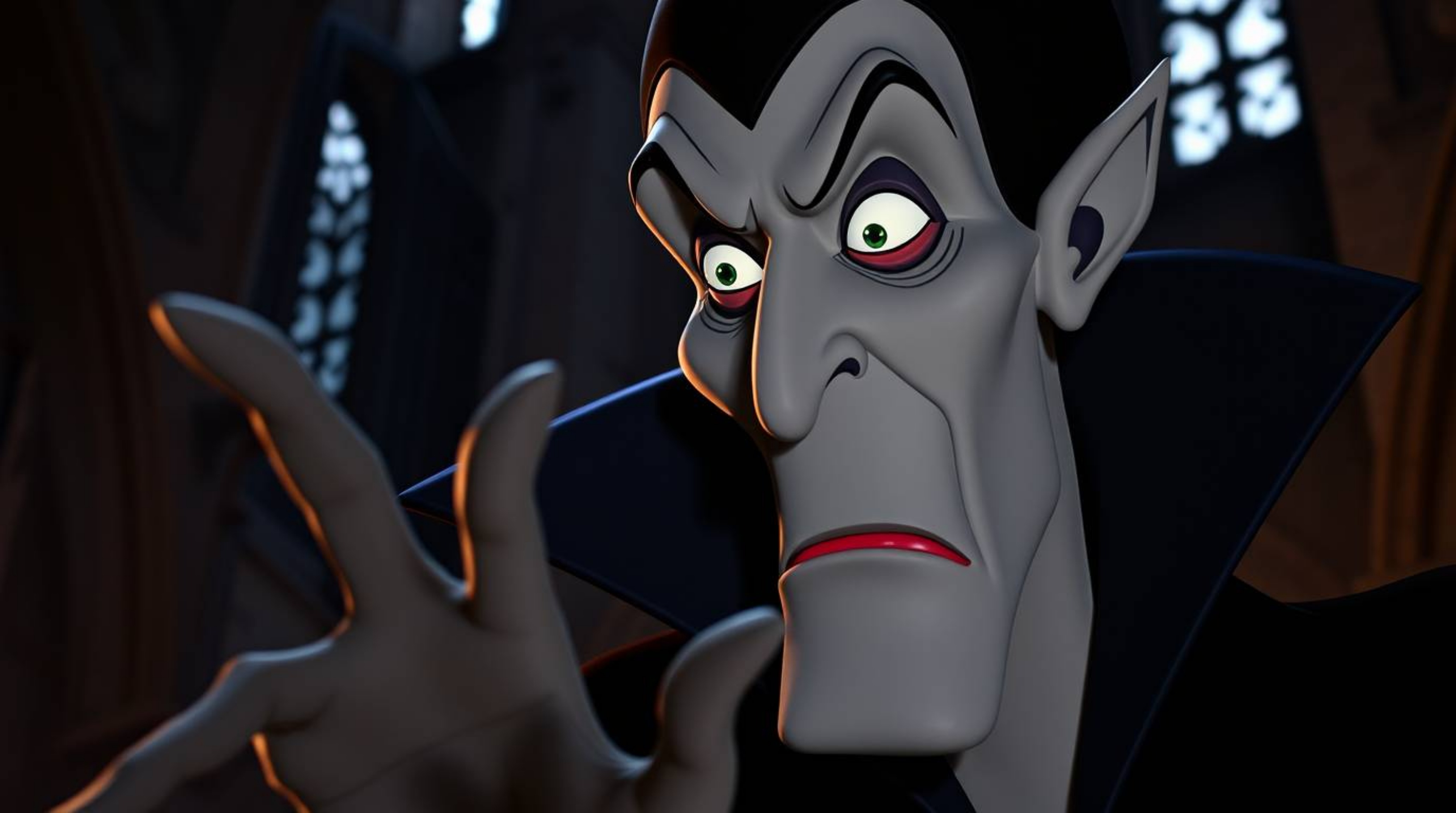 A captivating close-up portrait of a classic Disney villain, sharply featured and pale-skinned, casting a spell within the an