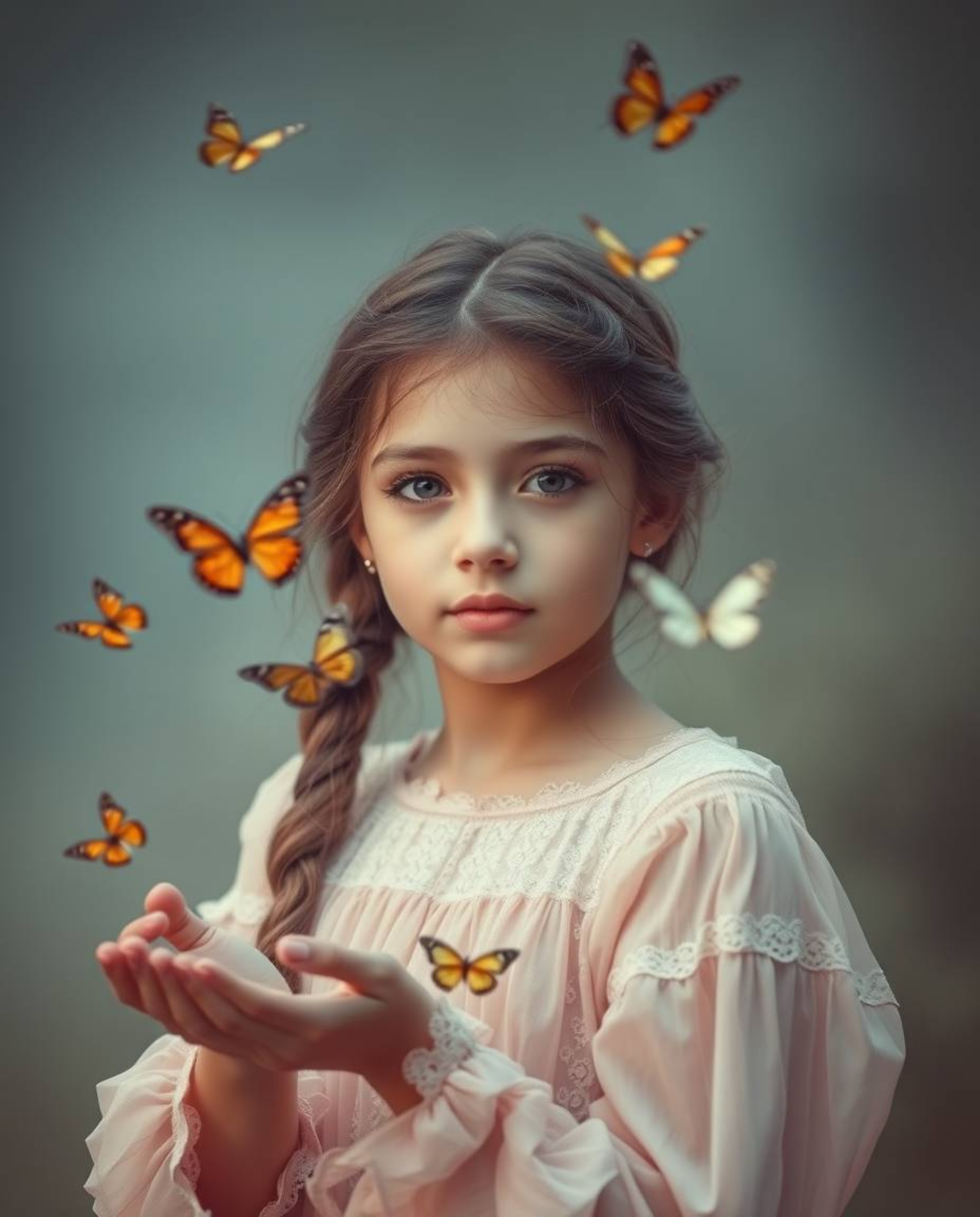 A captivating photograph showcasing a graceful girl releasing butterflies into a soft, cinematic haze.  The image features el