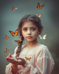 A captivating photograph showcasing a graceful girl releasing butterflies into a soft, cinematic haze.  The image features el