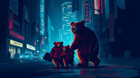 Discover a captivating artistic portrayal of a bear family's unexpected urban adventure. This creative light art piece utili