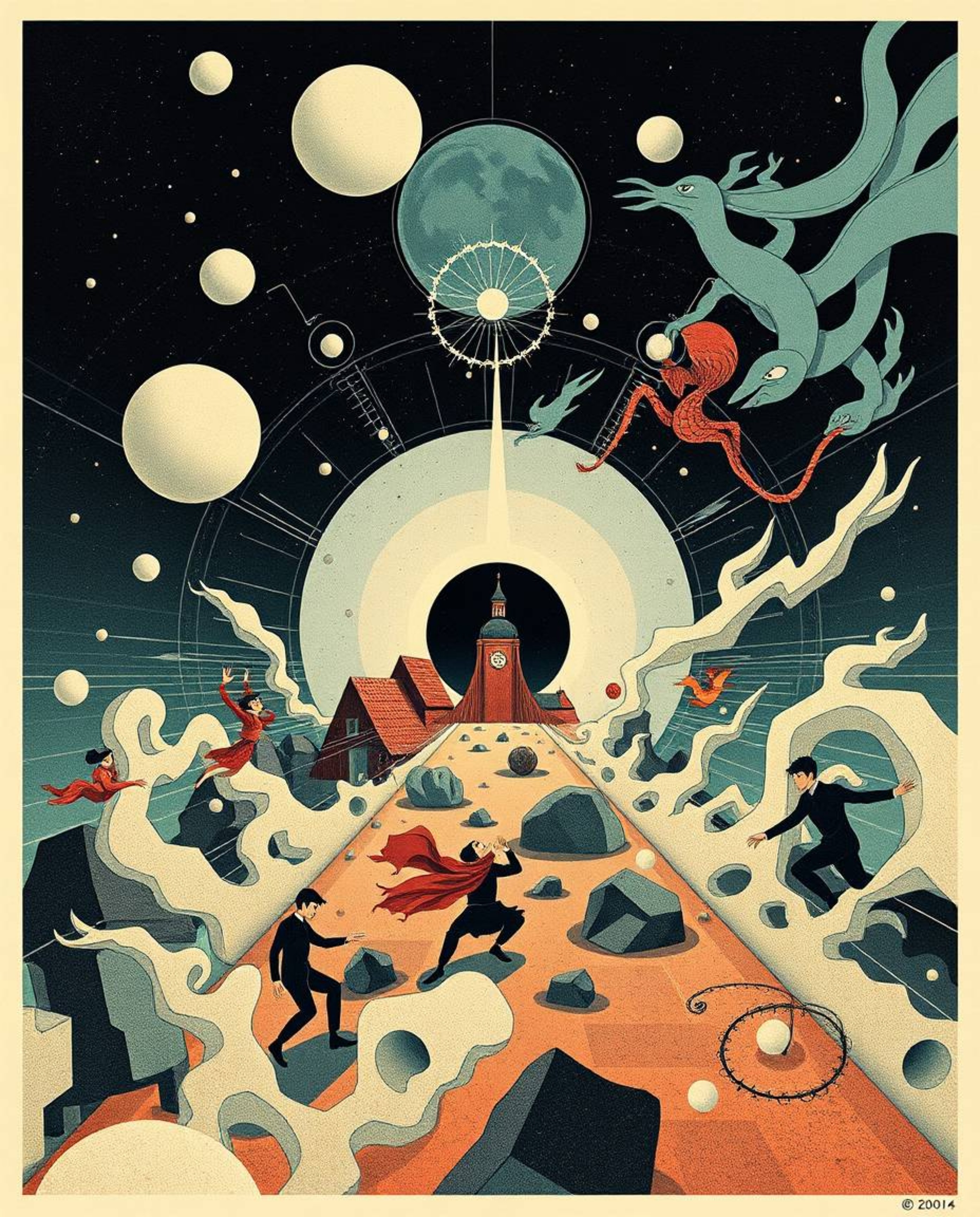 Explore a dynamic and dreamlike realm with surreal imagery blending minimalist geometric patterns of circles and lines in Bau