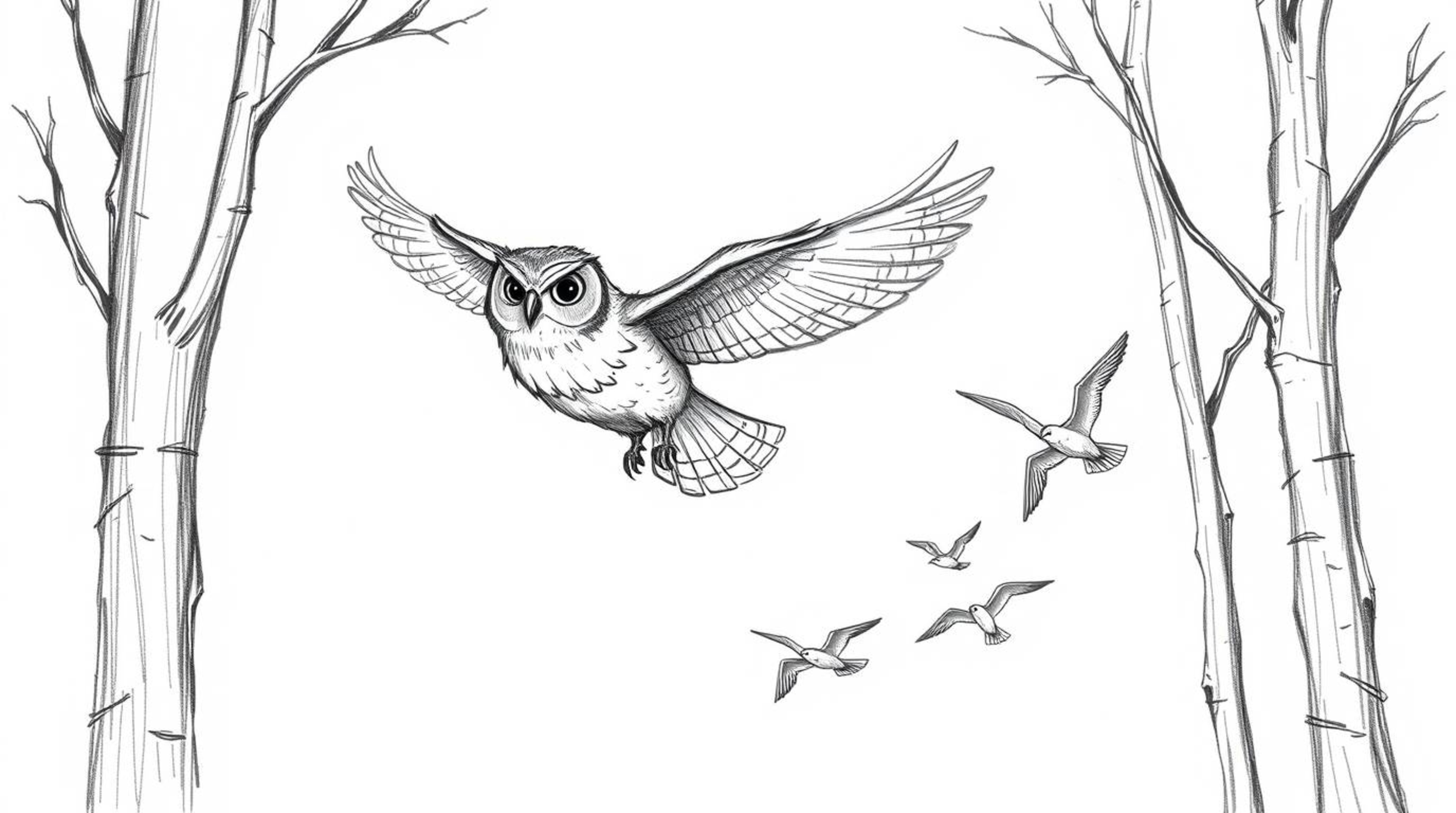 A hand-drawn sketch reminiscent of Pixar's style depicts a wise, blind owl gracefully gliding between trees, imparting the sk