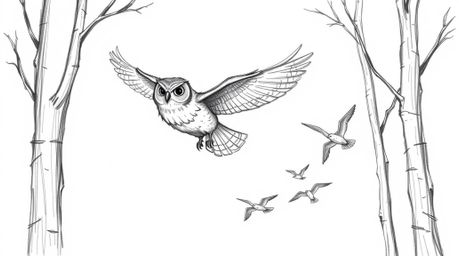 A hand-drawn sketch reminiscent of Pixar's style depicts a wise, blind owl gracefully gliding between trees, imparting the sk