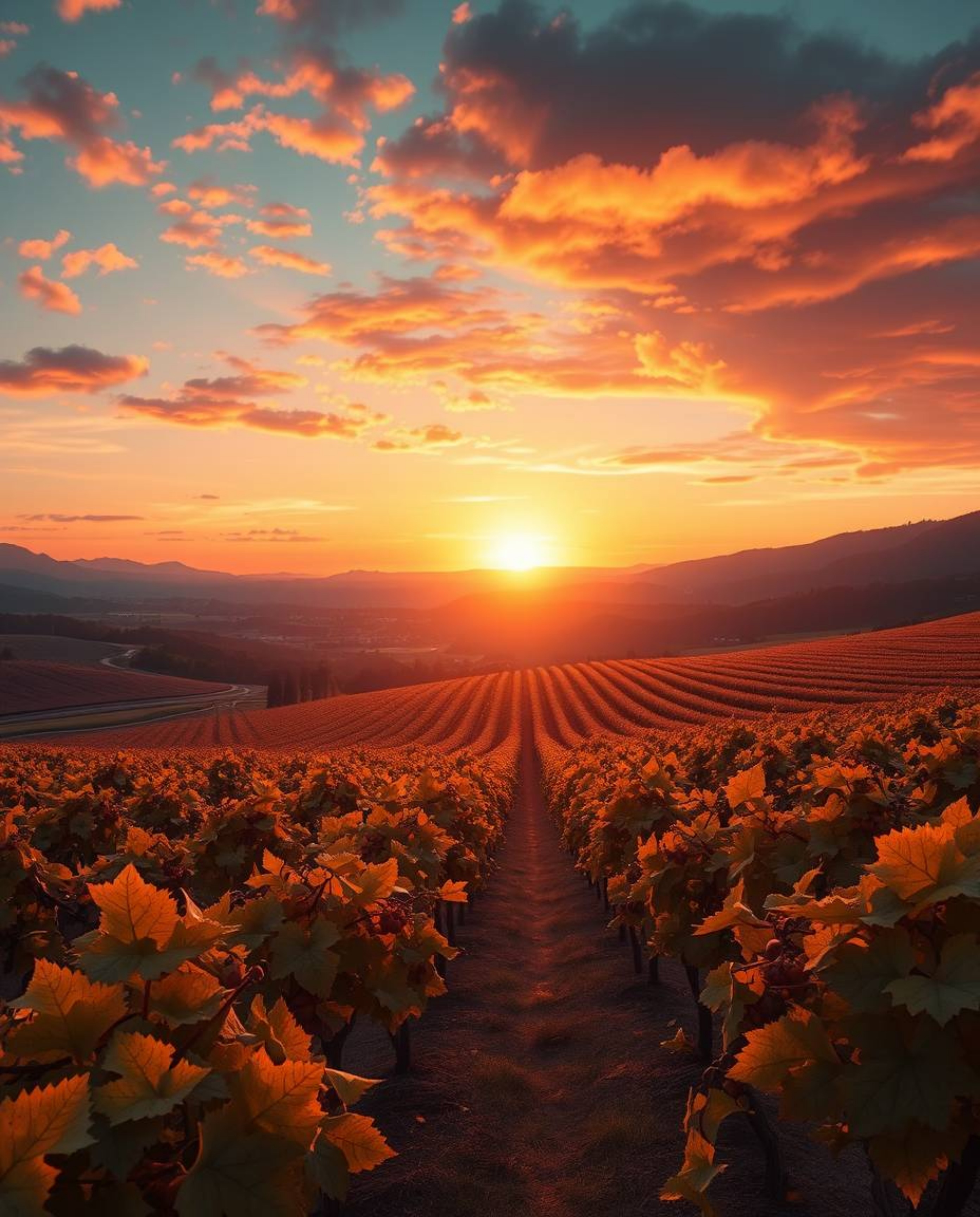 This grand and epic scene presents a futuristic, origami-style interpretation of a sunset over a vineyard. Conceived on a mas