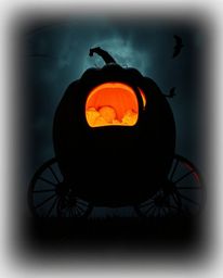 Witness a magical pumpkin transforming into a carriage, depicted in a strong and moody style from a low angle perspective. T