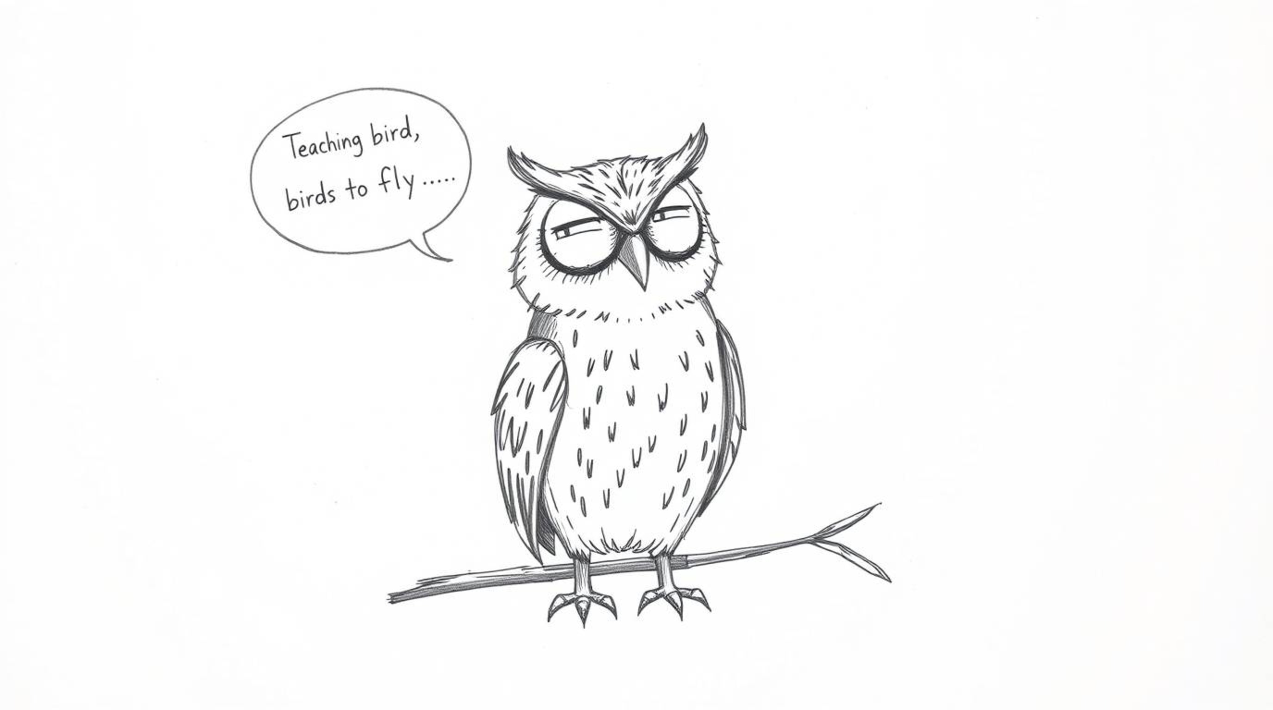A charming hand-drawn sketch in the style of Pixar depicts a blind owl, rendered with textured pencil strokes and rough lines