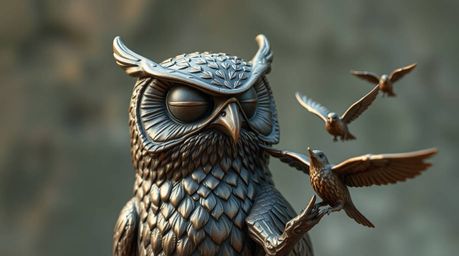 A captivating cast bronze sculpture depicting a blind owl in a Pixar-esque style. The sculpture boasts a detailed antique pat